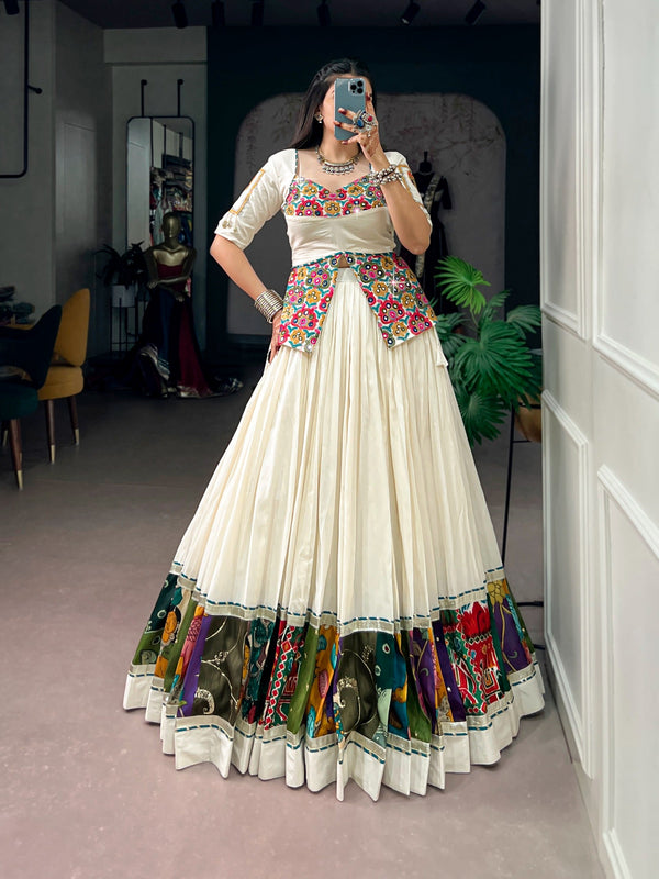 White Cotton Gamthi Work Lehenga Set ClothsVilla