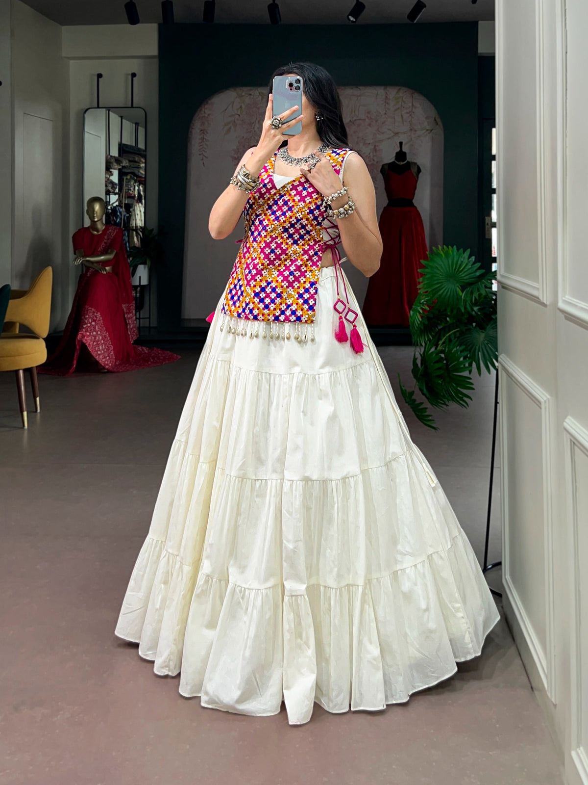 White Cotton Gamthi Work Lehenga Set ClothsVilla