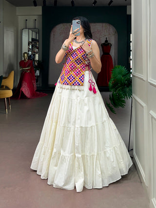 White Cotton Gamthi Work Lehenga Set ClothsVilla