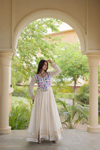 White Cotton Gota Patti Mirror Work Gown Clothsvilla