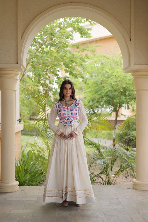 White Cotton Gota Patti Mirror Work Gown Clothsvilla Main image