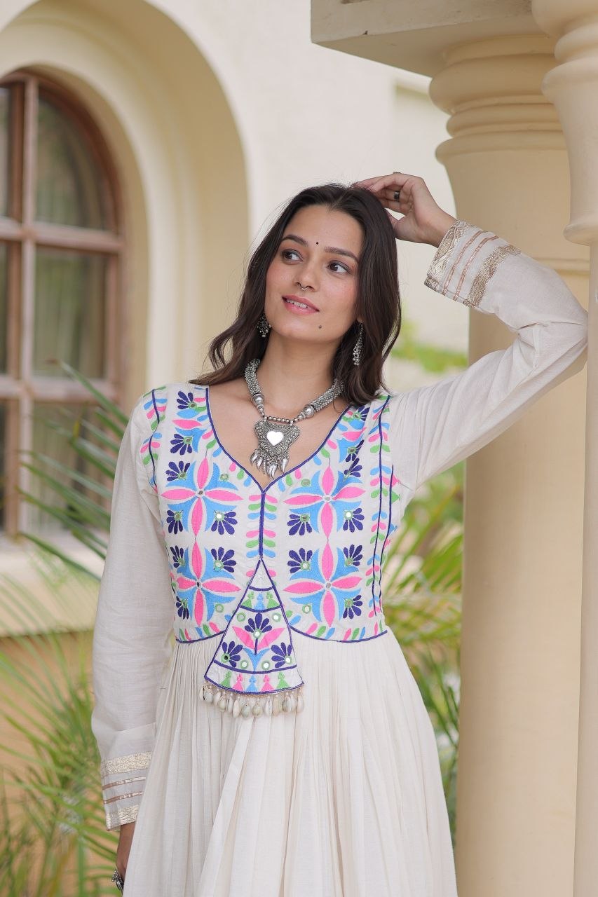 White Cotton Gota Patti Mirror Work Gown Clothsvilla