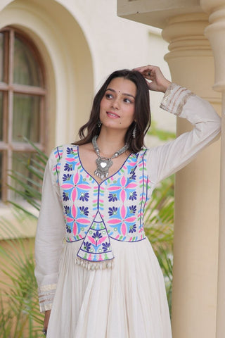 White Cotton Gota Patti Mirror Work Gown Clothsvilla
