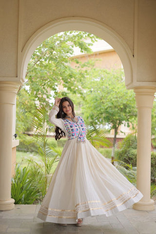 White Cotton Gota Patti Mirror Work Gown Clothsvilla