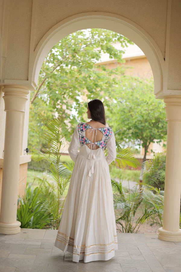 White Cotton Gota Patti Mirror Work Gown Clothsvilla