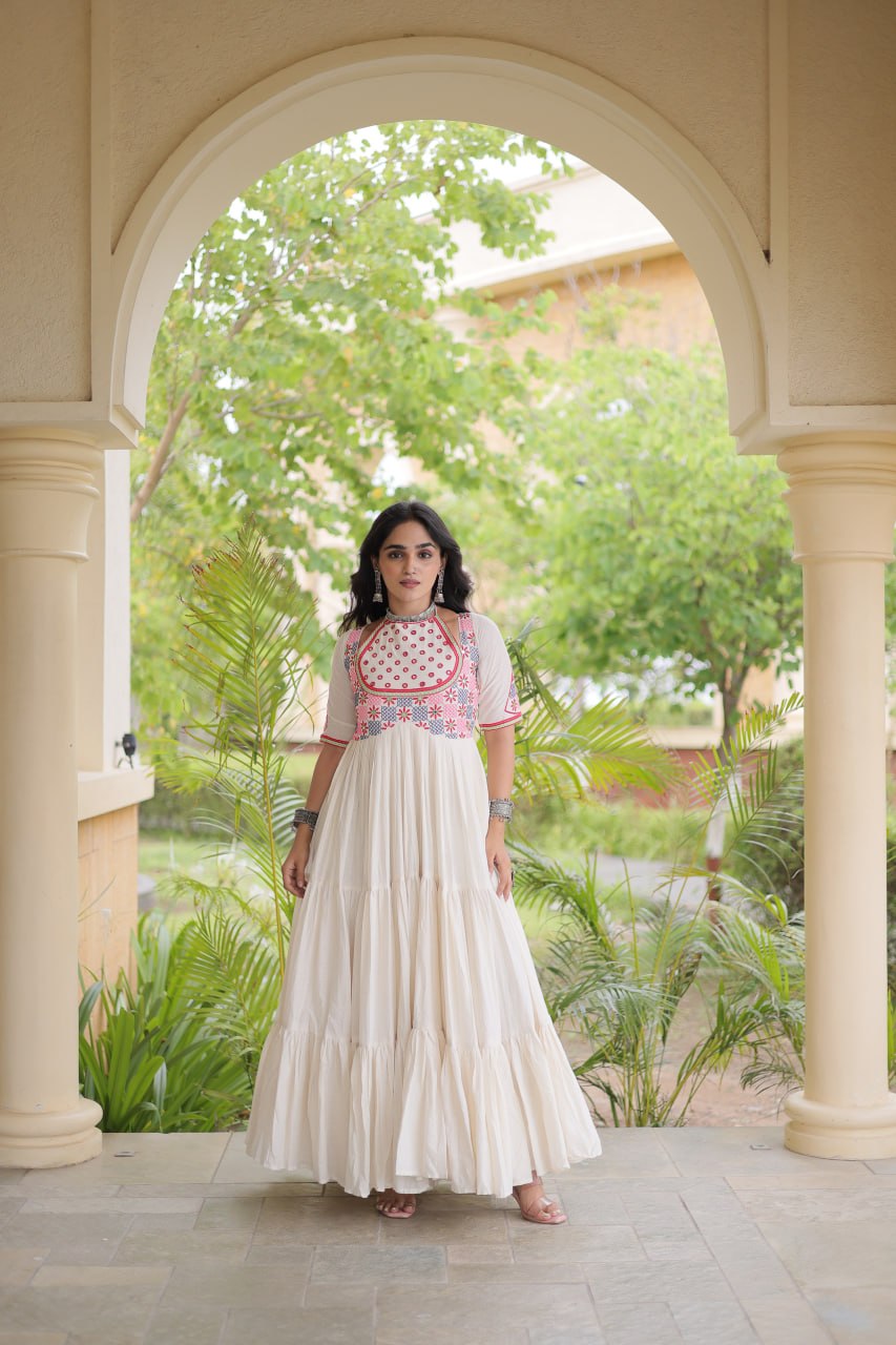 White Cotton Gown with Real Mirror Work ClothsVilla