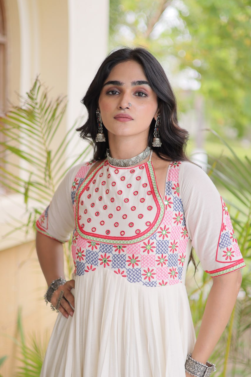 White Cotton Gown with Real Mirror Work ClothsVilla