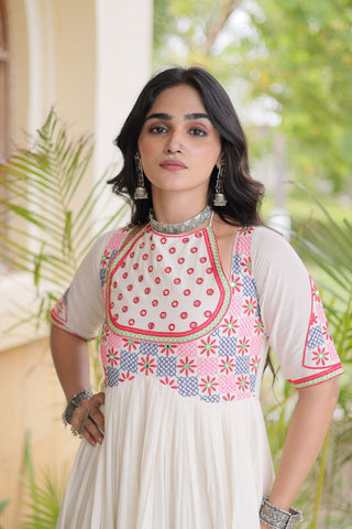 White Cotton Gown with Real Mirror Work ClothsVilla