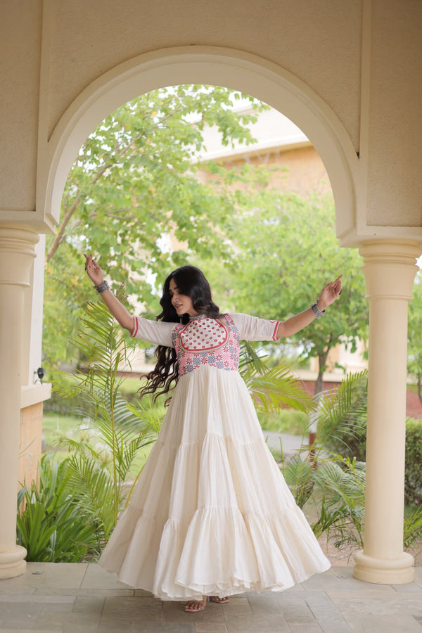 White Cotton Gown with Real Mirror Work ClothsVilla
