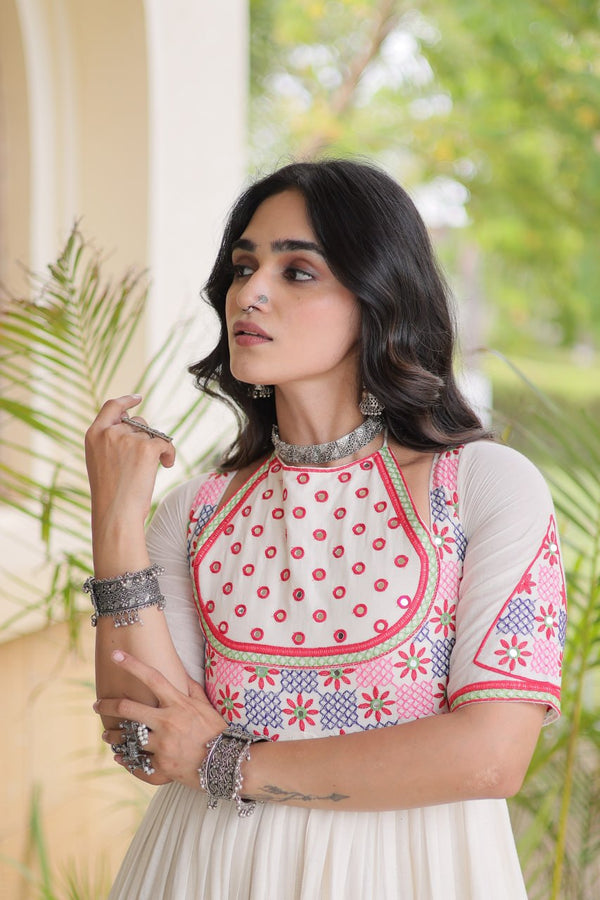 White Cotton Gown with Real Mirror Work ClothsVilla