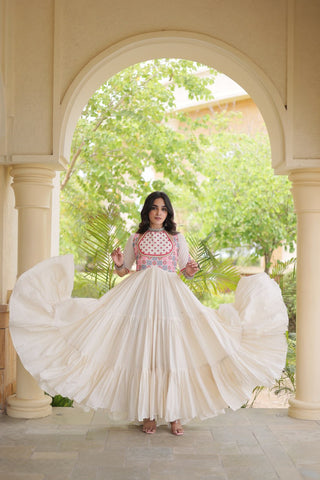 White Cotton Gown with Real Mirror Work ClothsVilla