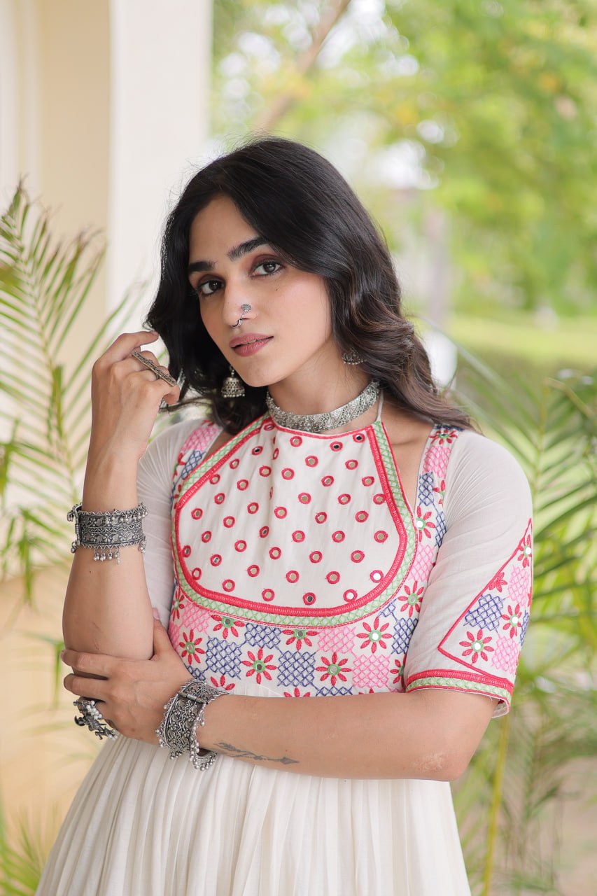 White Cotton Gown with Real Mirror Work ClothsVilla