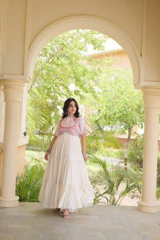 White Cotton Gown with Real Mirror Work ClothsVilla