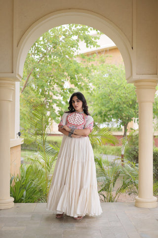White Cotton Gown with Real Mirror Work ClothsVilla
