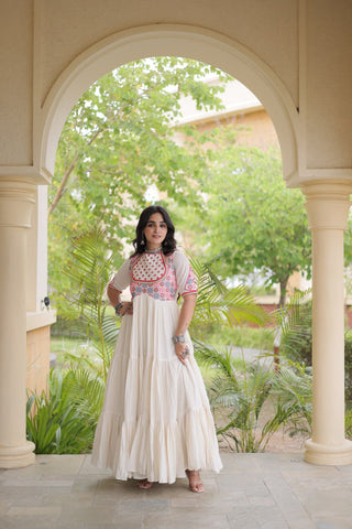 White Cotton Gown with Real Mirror Work ClothsVilla