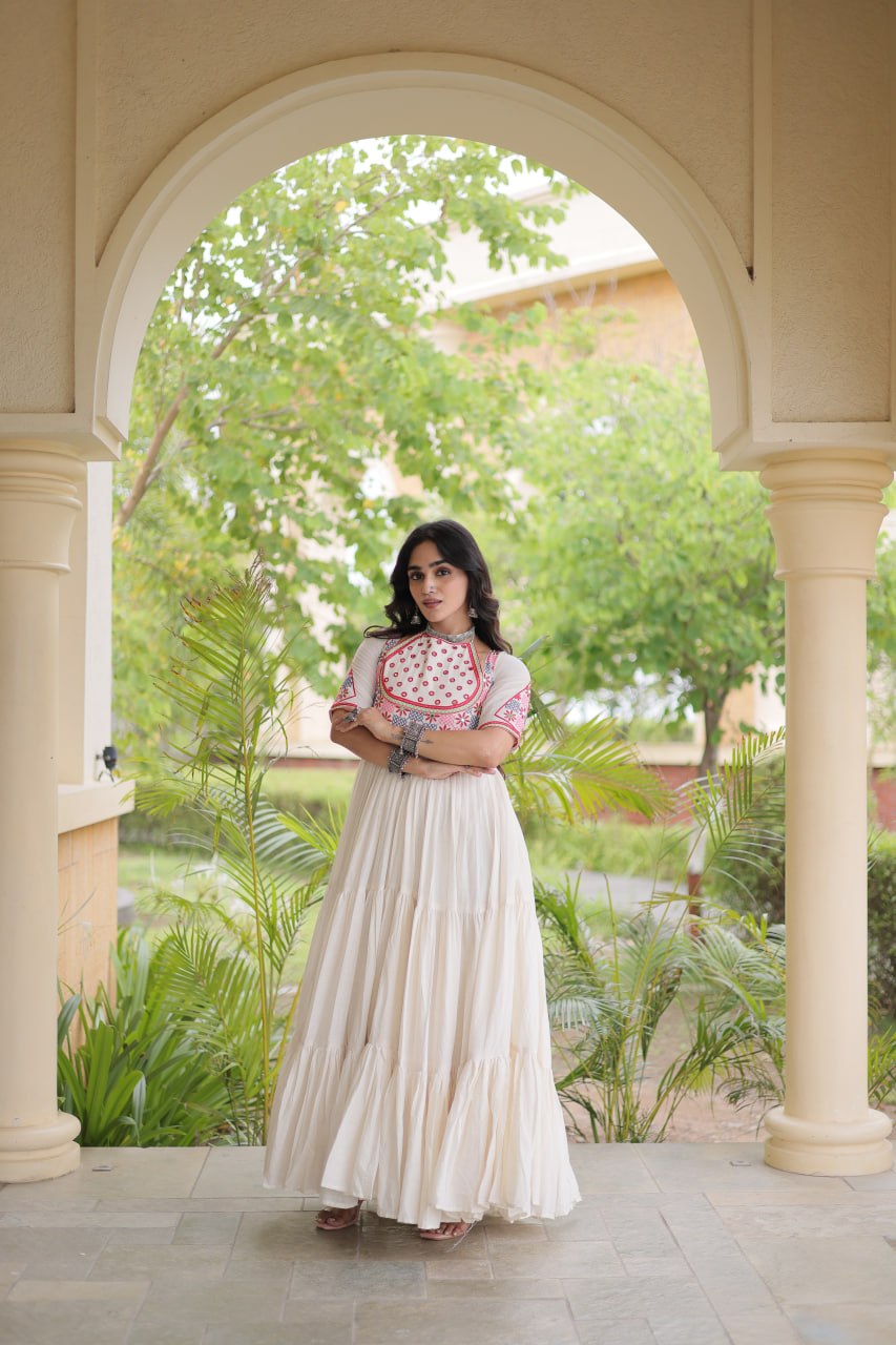 White Cotton Gown with Real Mirror Work ClothsVilla