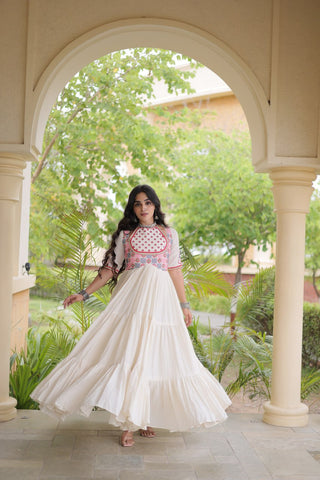 White Cotton Gown with Real Mirror Work ClothsVilla