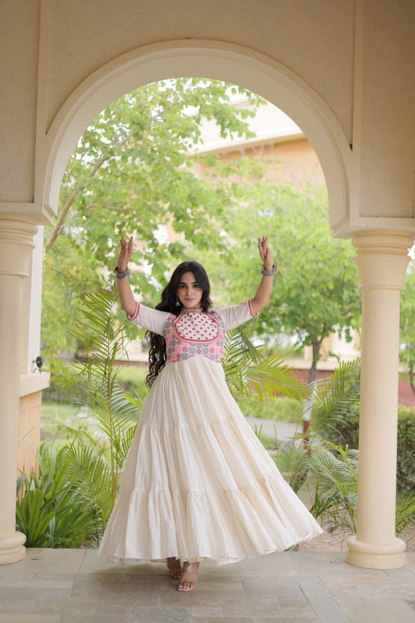 White Cotton Gown with Real Mirror Work ClothsVilla