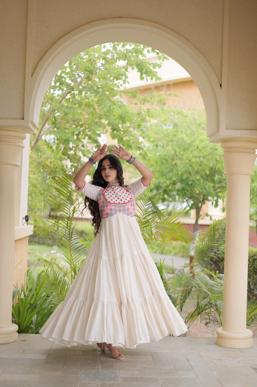 White Cotton Gown with Real Mirror Work ClothsVilla