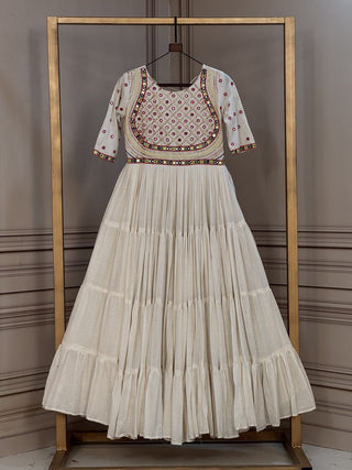 White Cotton Multi-Thread Embroidered Gown ClothsVilla