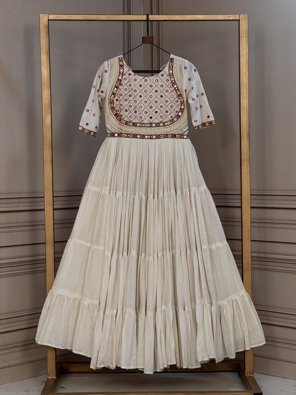 White Cotton Multi-Thread Embroidered Gown ClothsVilla