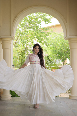 White Cotton Multi-Thread Embroidered Gown ClothsVilla