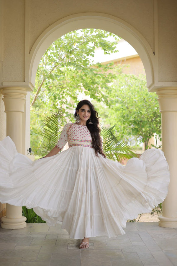 White Cotton Multi-Thread Embroidered Gown ClothsVilla