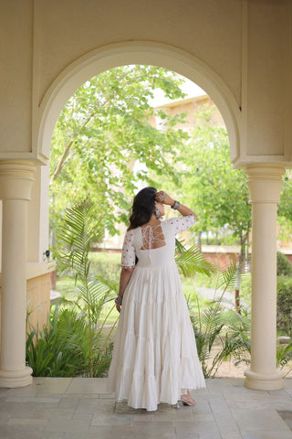 White Cotton Multi-Thread Embroidered Gown ClothsVilla