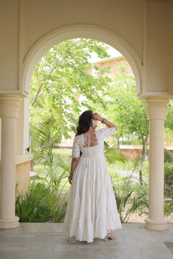 White Cotton Multi-Thread Embroidered Gown ClothsVilla