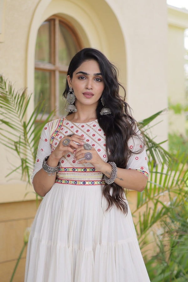 White Cotton Multi-Thread Embroidered Gown ClothsVilla