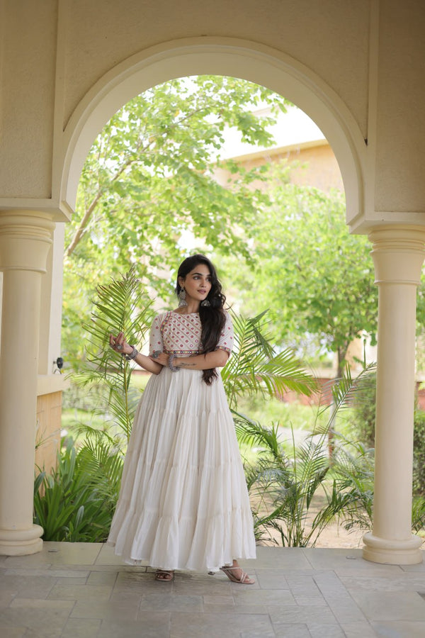 White Cotton Multi-Thread Embroidered Gown ClothsVilla