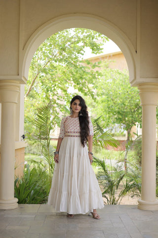 White Cotton Multi-Thread Embroidered Gown ClothsVilla