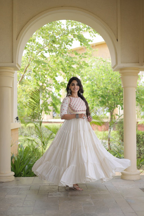 White Cotton Multi-Thread Embroidered Gown ClothsVilla