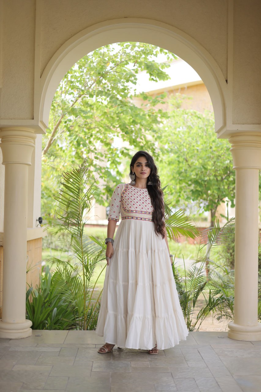 White Cotton Multi-Thread Embroidered Gown ClothsVilla