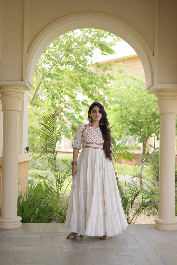 White Cotton Multi-Thread Embroidered Gown ClothsVilla
