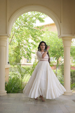 White Cotton Multi-Thread Embroidered Gown ClothsVilla