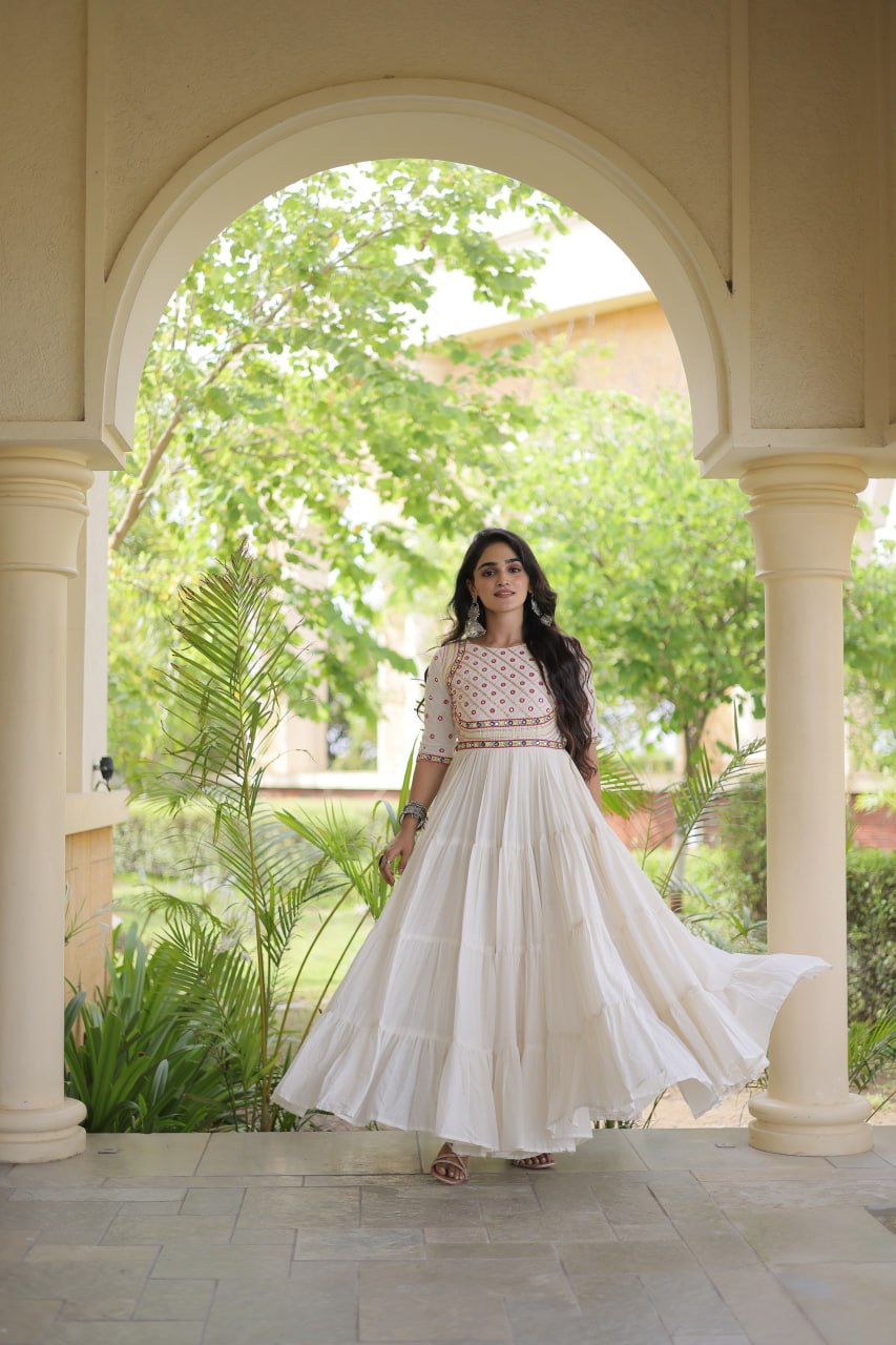 White Cotton Multi-Thread Embroidered Gown ClothsVilla