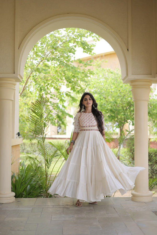 White Cotton Multi-Thread Embroidered Gown ClothsVilla
