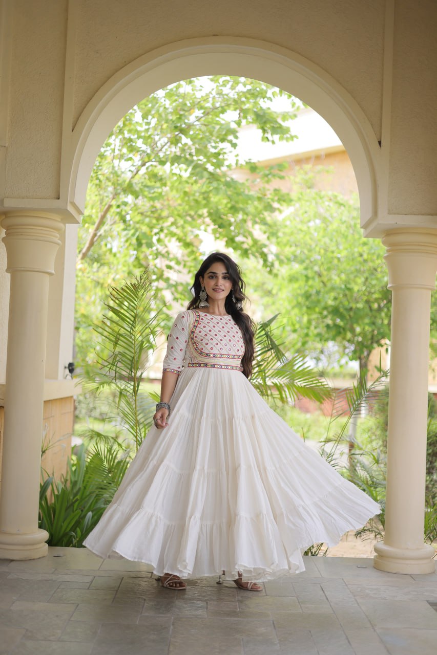 White Cotton Multi-Thread Embroidered Gown ClothsVilla