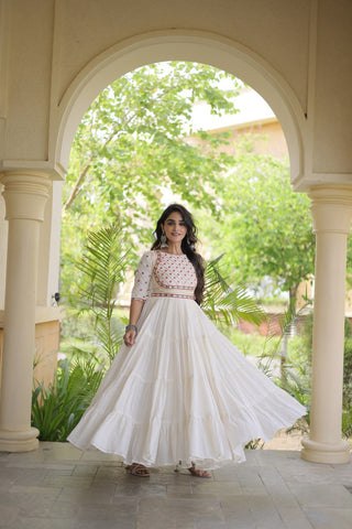 White Cotton Multi-Thread Embroidered Gown ClothsVilla