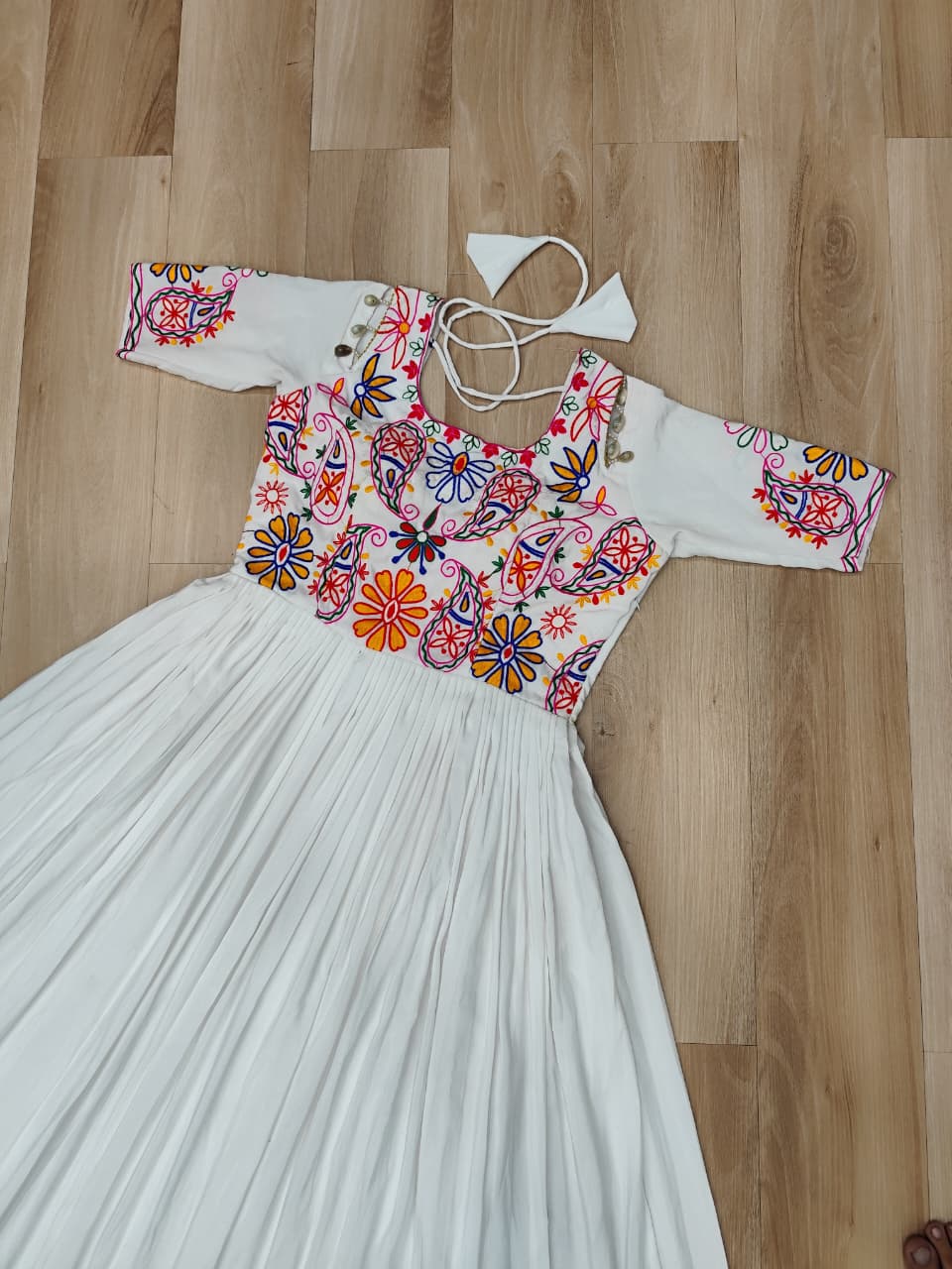 White Designer 14kg Rayon Gathering Frill Gown with Kutchi Gamthi Embroidery ClothsVilla