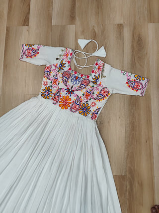 White Designer 14kg Rayon Gathering Frill Gown with Kutchi Gamthi Embroidery ClothsVilla