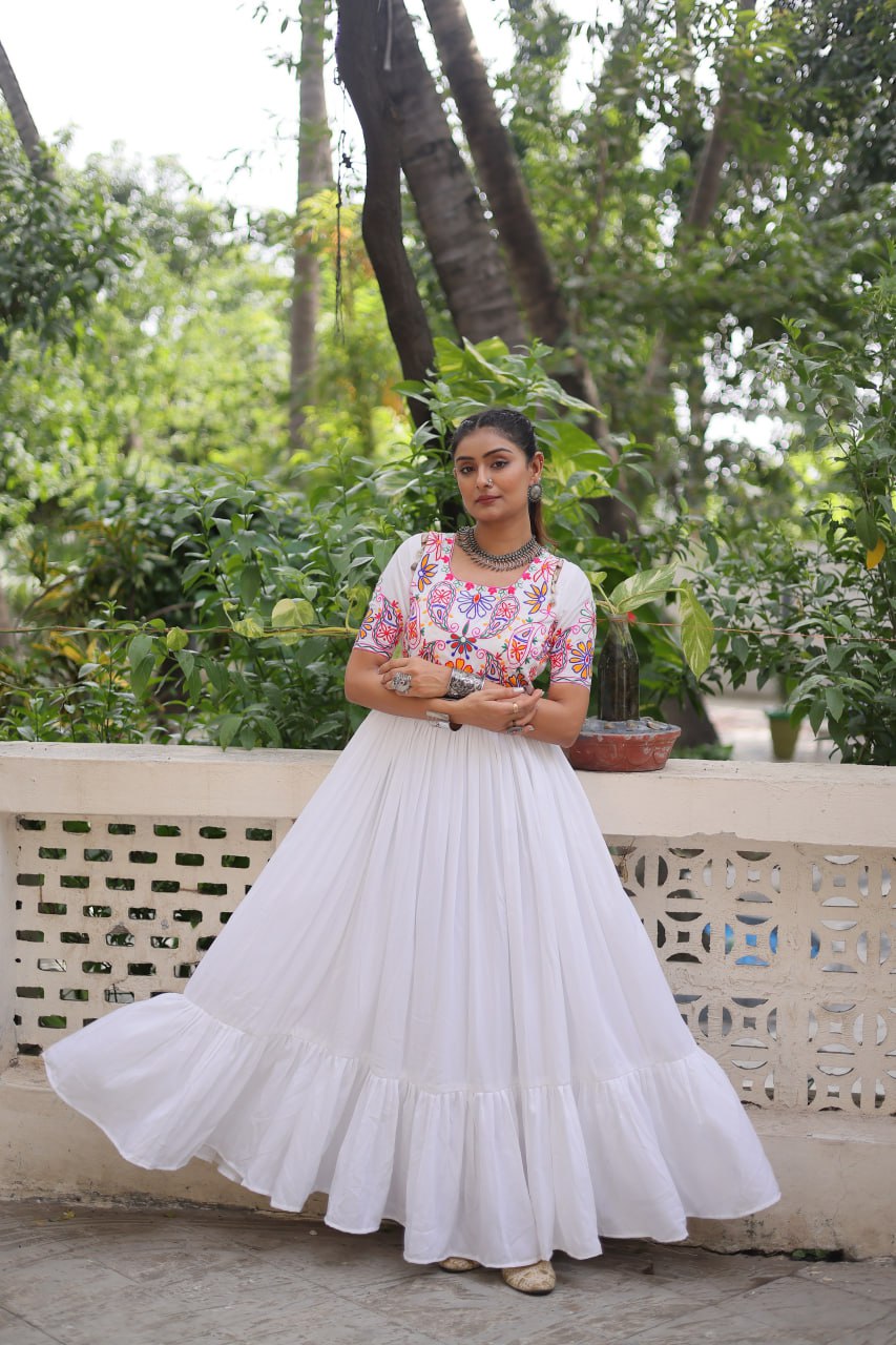 White Designer 14kg Rayon Gathering Frill Gown with Kutchi Gamthi Embroidery ClothsVilla