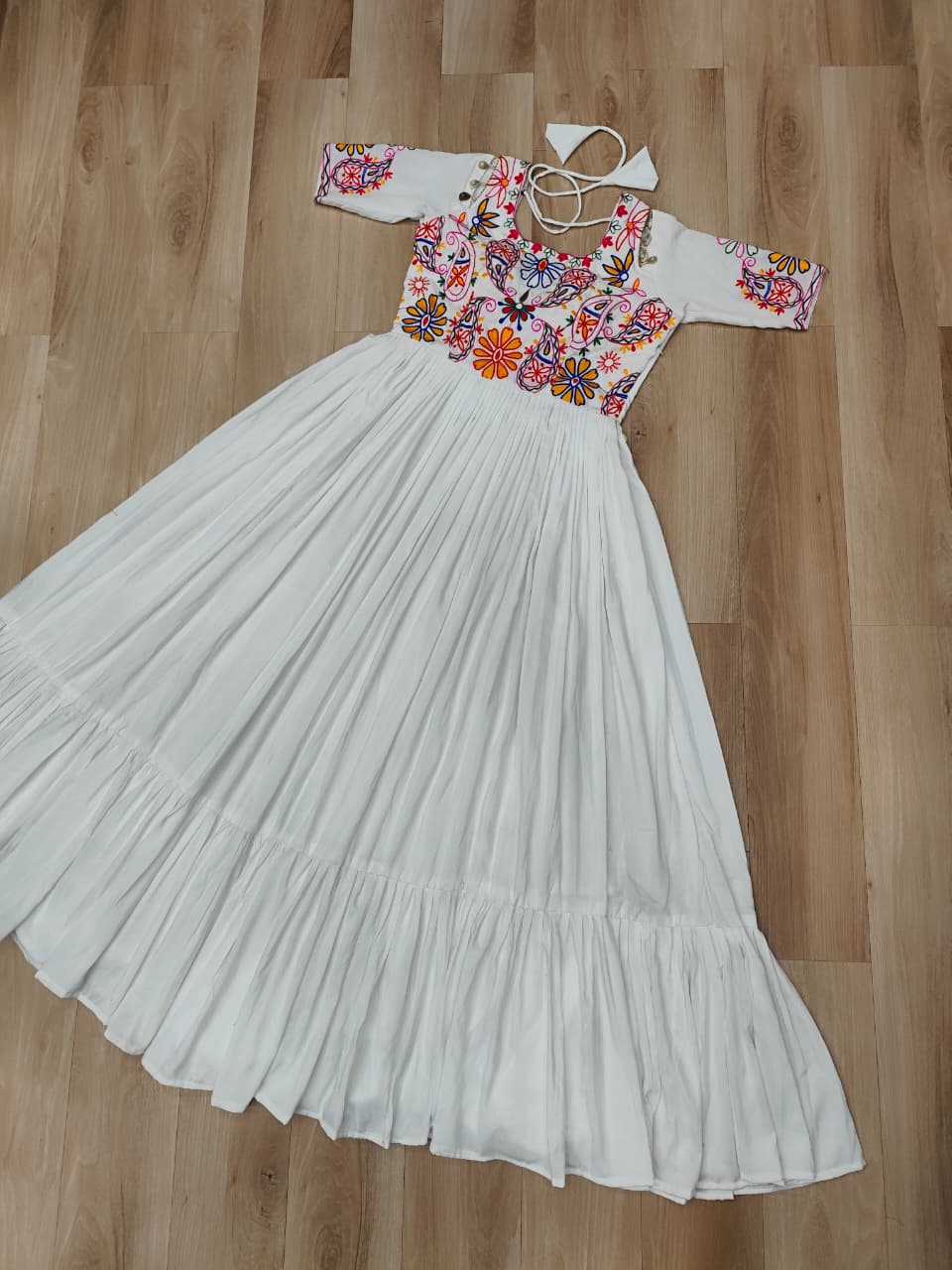 White Designer 14kg Rayon Gathering Frill Gown with Kutchi Gamthi Embroidery ClothsVilla