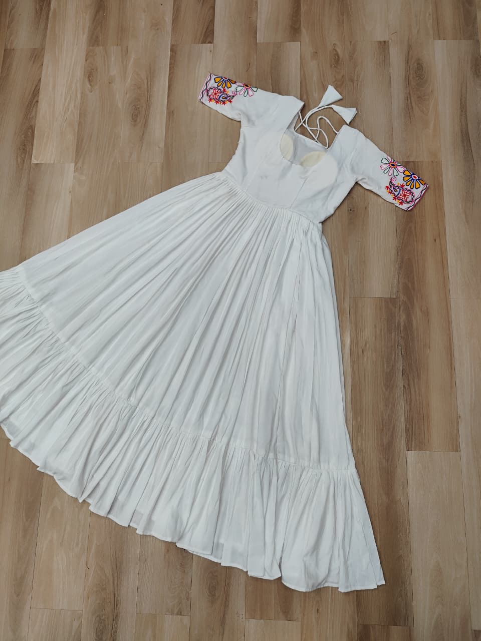 White Designer 14kg Rayon Gathering Frill Gown with Kutchi Gamthi Embroidery ClothsVilla
