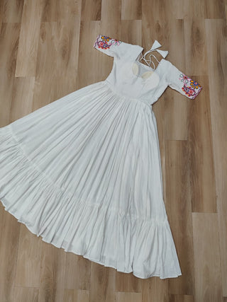White Designer 14kg Rayon Gathering Frill Gown with Kutchi Gamthi Embroidery ClothsVilla