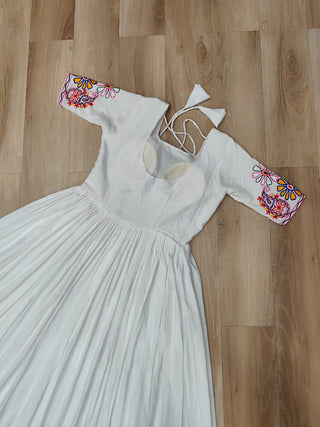 White Designer 14kg Rayon Gathering Frill Gown with Kutchi Gamthi Embroidery ClothsVilla
