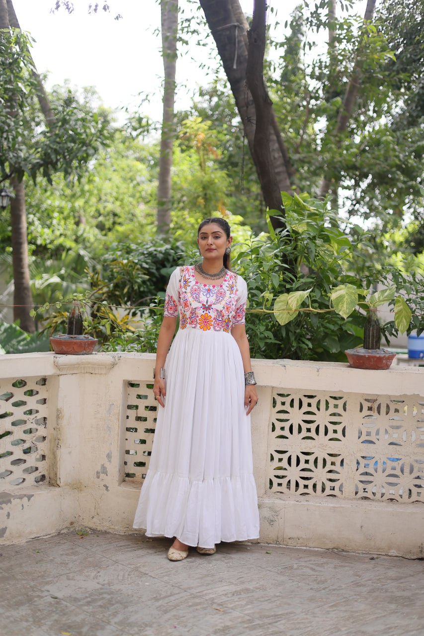 White Designer 14kg Rayon Gathering Frill Gown with Kutchi Gamthi Embroidery ClothsVilla