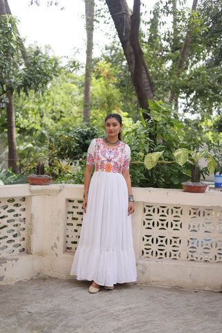 White Designer 14kg Rayon Gathering Frill Gown with Kutchi Gamthi Embroidery ClothsVilla