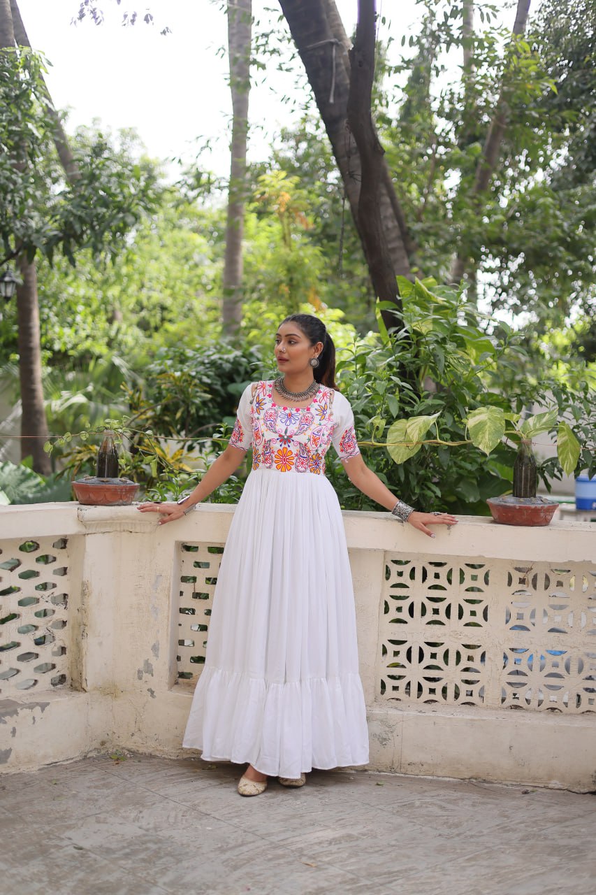 White Designer 14kg Rayon Gathering Frill Gown with Kutchi Gamthi Embroidery ClothsVilla